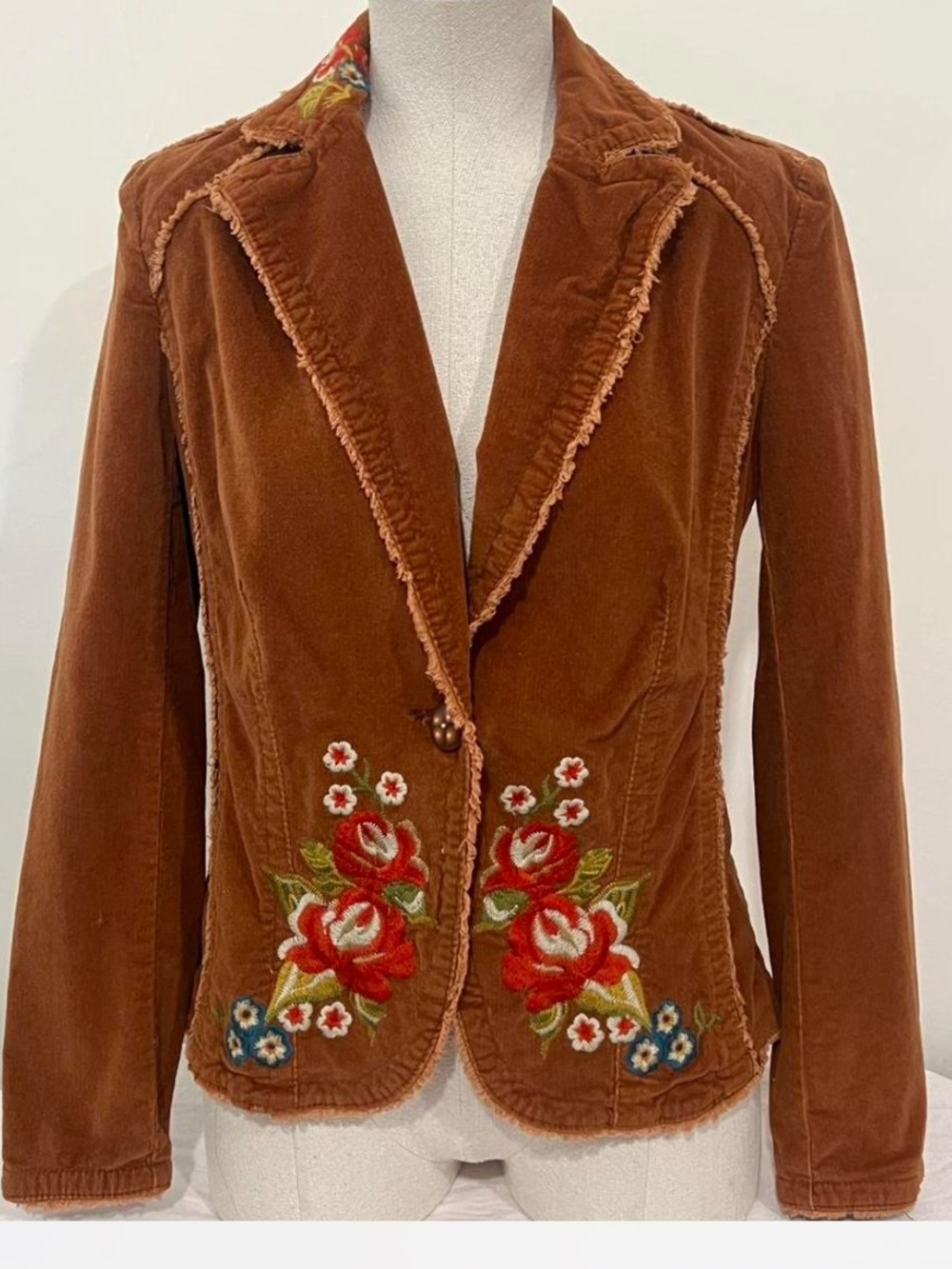 Rust orange Floral Embroidered corduroy Bohemian Blazer Jacket